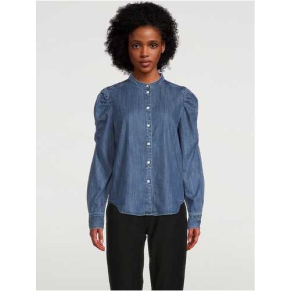 Frame Frankie Puff-Sleeve Denim Shirt Stand Collar Button-Down Sz S Unique Chic